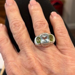 Judith Ripka blue topaz/ peridot ring size 6